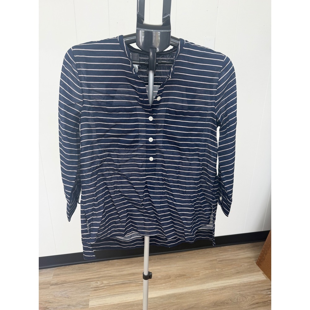Ann Taylor Factory Tunic Women S Navy Blue Excellent Cotton Silk Striped Top